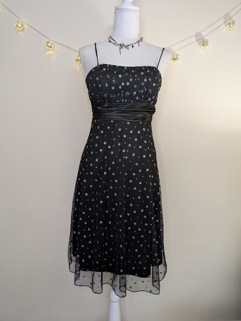 Y2K Black Polka Dot Midi Dress with Satin Waistband